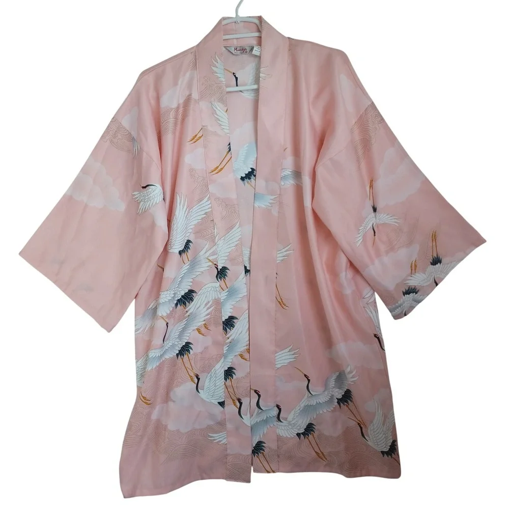 Monki Pink Crane Print Satin Kimono Robe Wide Sleeve Bird Pattern One Size